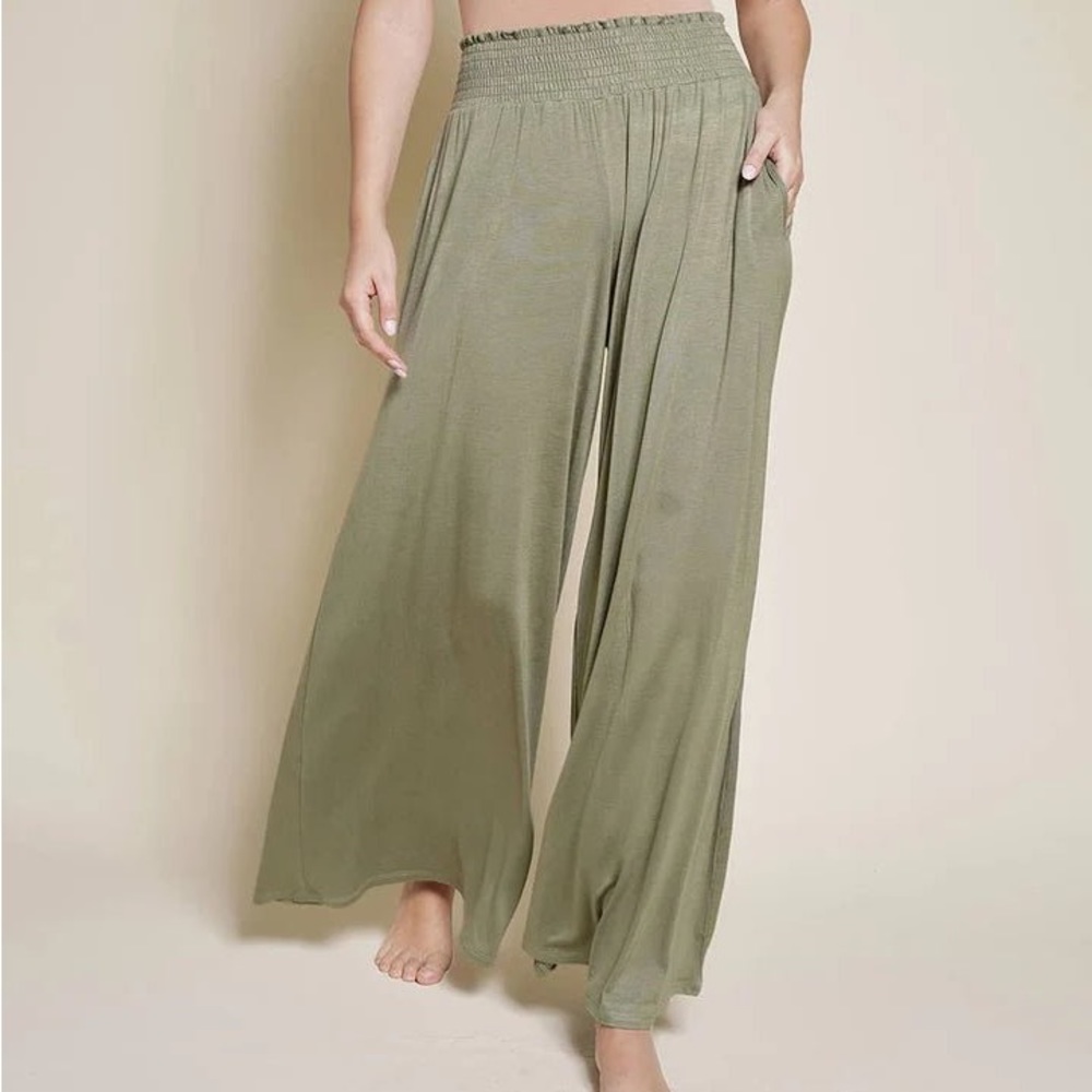OLIVE NEW  WIDE-LEGGED PANTS BAMBOO W/ POCKETS
